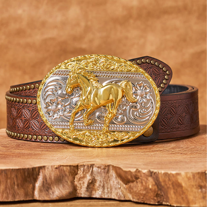 Ceinture en cuir pour homme avec boucle ovale représentant un cheval au galop, or et argent - Ceinture à rivets marron - 42 - image 4