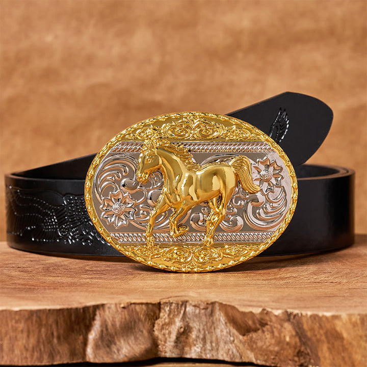 Ceinture en cuir pour homme avec boucle ovale représentant un cheval au galop, or et argent - Ceinture noire à motif aigle en relief - 42 - image 2