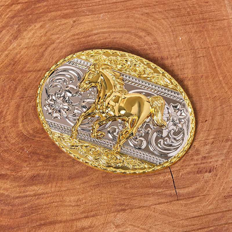 Ceinture en cuir pour homme avec boucle ovale représentant un cheval au galop, or et argent - image 1