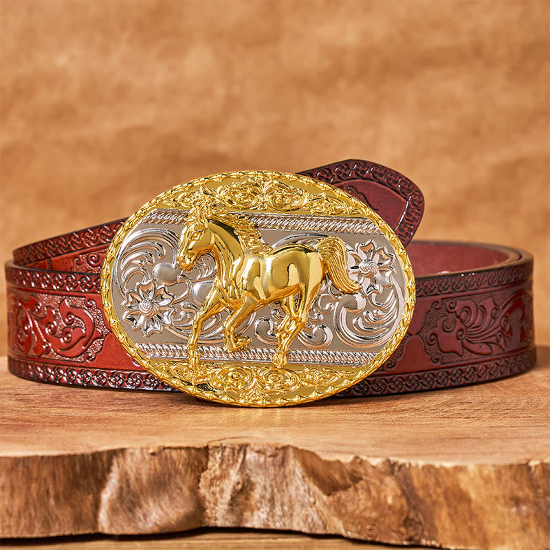 Ceinture en cuir pour homme avec boucle ovale représentant un cheval au galop, or et argent - Ceinture sculptée marron - 42 - image 6