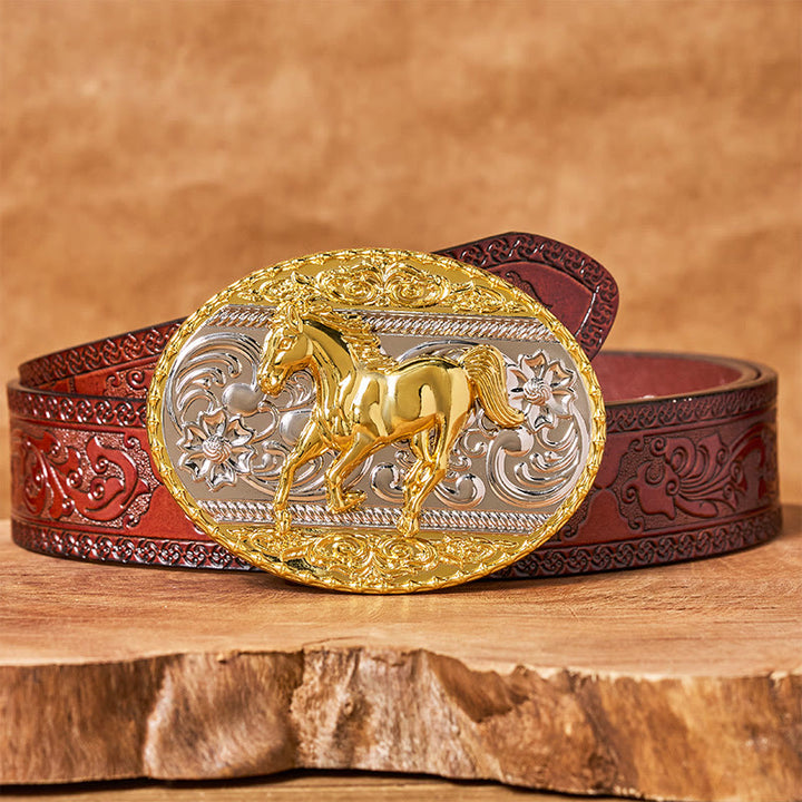 Ceinture en cuir pour homme avec boucle ovale représentant un cheval au galop, or et argent - Ceinture sculptée marron - 42 - image 6
