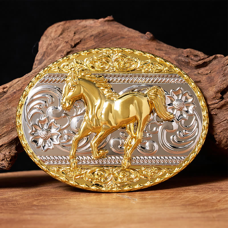 Ceinture en cuir pour homme avec boucle ovale représentant un cheval au galop, or et argent - Sans ceinture - Ceinture non incluse - image 0