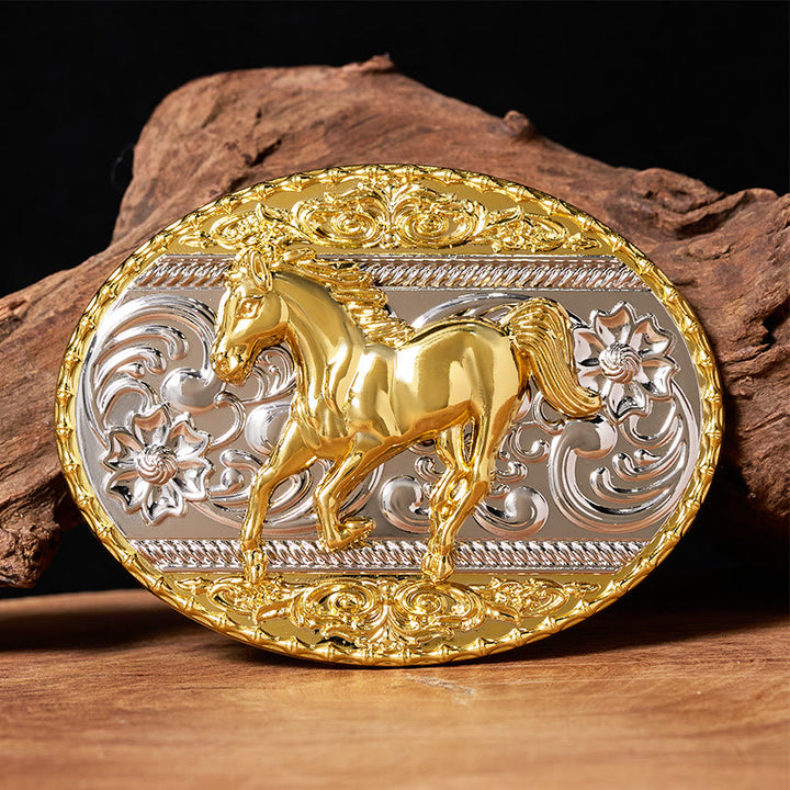 Ceinture en cuir pour homme avec boucle ovale représentant un cheval au galop, or et argent - Sans ceinture - Ceinture non incluse - image 0