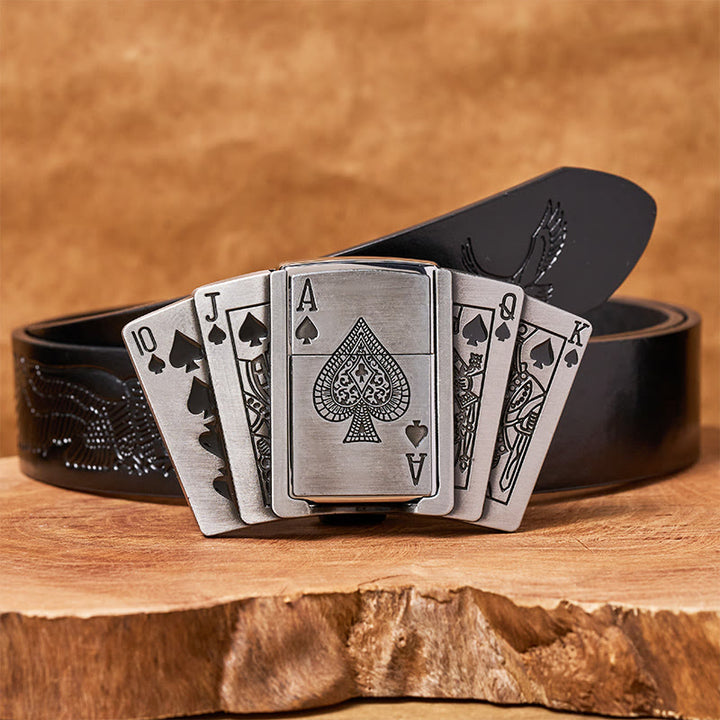 Ceinture en cuir pour homme, style poker, avec briquet dissimulé - Poker - Ceinture noire à motif aigle en relief - 42 - image 5