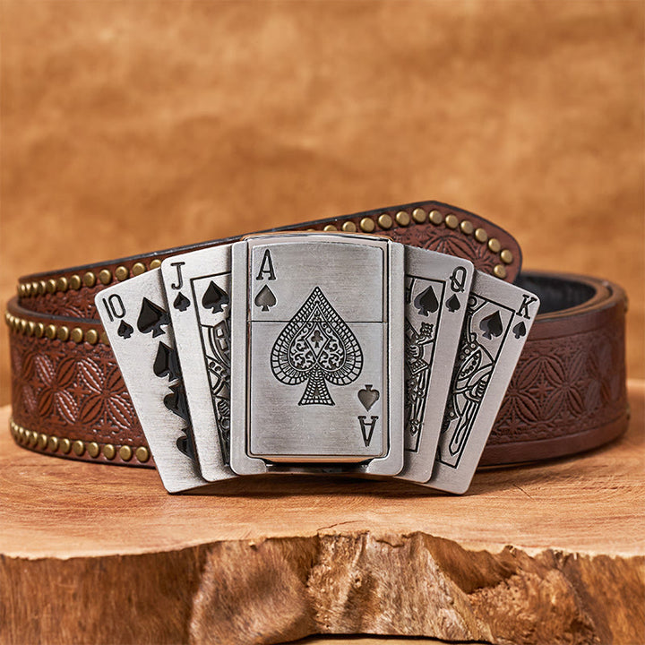 Ceinture en cuir pour homme, style poker, avec briquet dissimulé - Poker - Ceinture à rivets marron - 42 - image 7