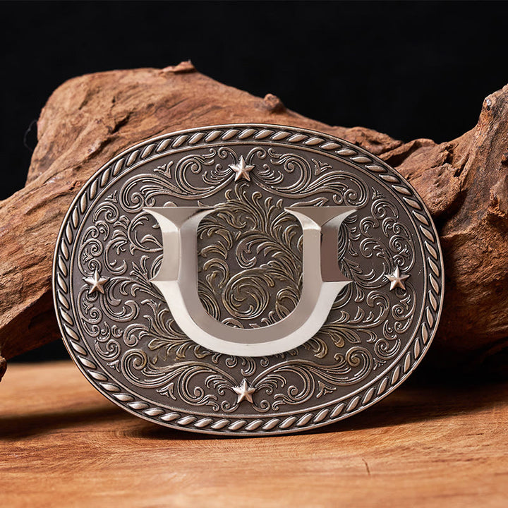 Ceinture en cuir pour homme, intemporelle, personnalisable avec une initiale et boucle argentée - U - Sans ceinture - image 22