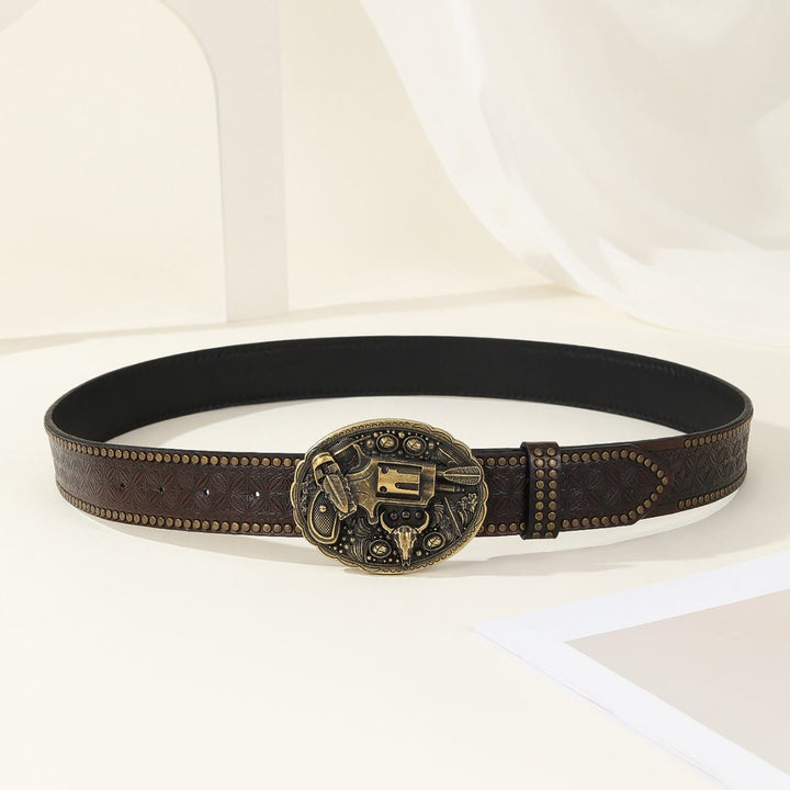 Ceinture en cuir pour homme, style rétro, ornée d'un pistolet et d'un crâne de taureau sculptés. - image 2