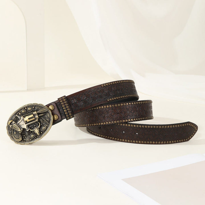 Ceinture en cuir pour homme, style rétro, ornée d'un pistolet et d'un crâne de taureau sculptés. - image 3