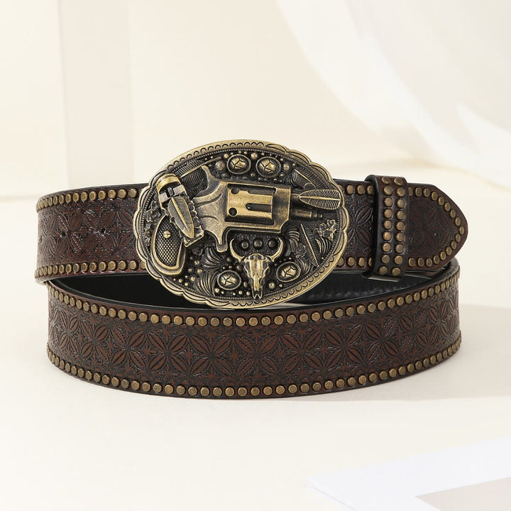 Ceinture en cuir pour homme, style rétro, ornée d'un pistolet et d'un crâne de taureau sculptés. - Café - 44 - image 0