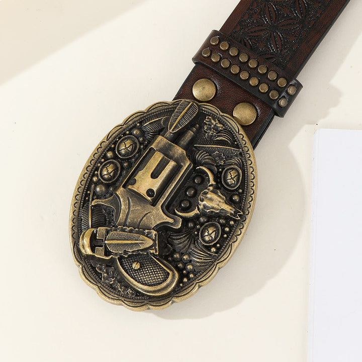 Ceinture en cuir pour homme, style rétro, ornée d'un pistolet et d'un crâne de taureau sculptés. - image 1