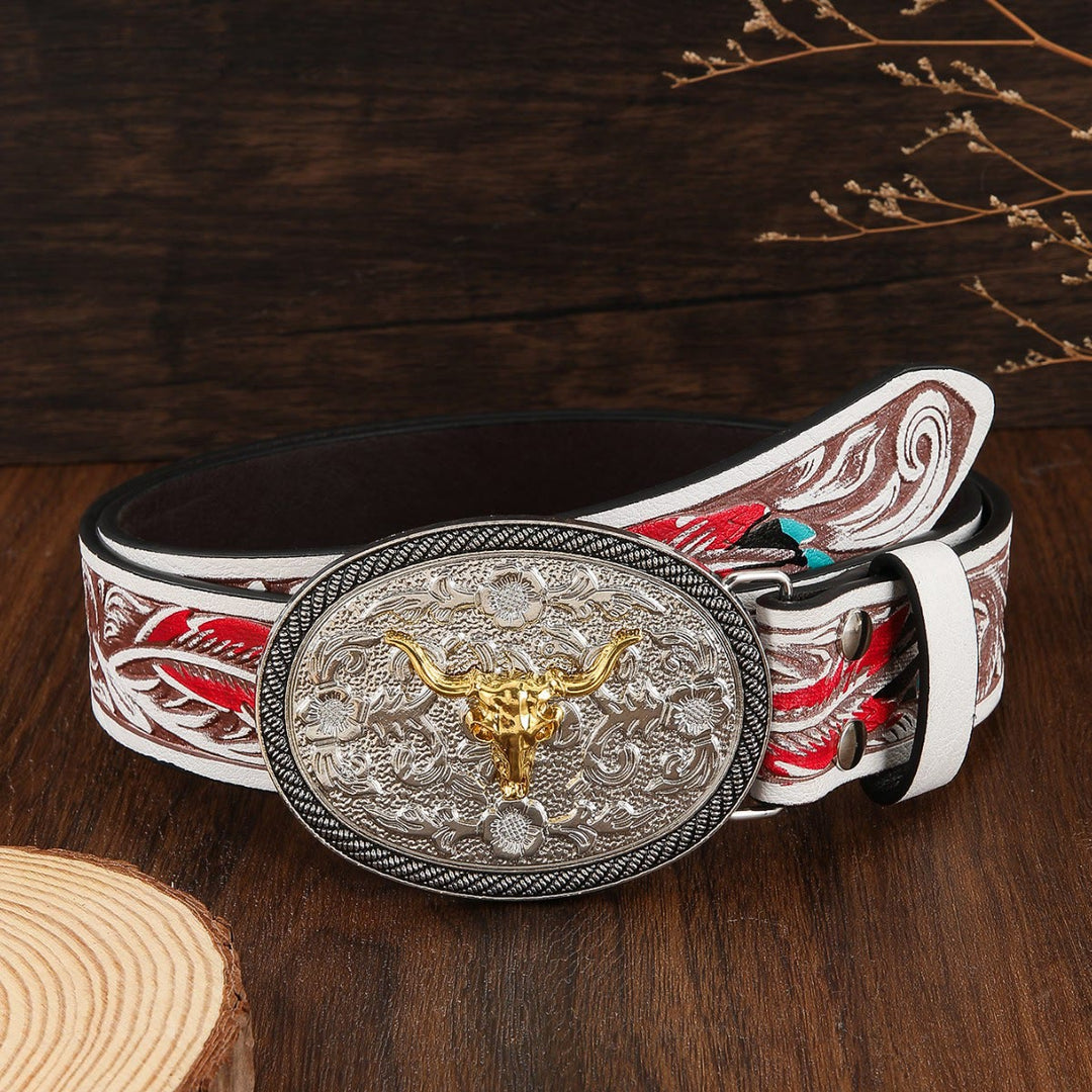 Ceinture en cuir pour homme, style western bicolore, avec emblème de tête de taureau - Blanc - 46 - image 0