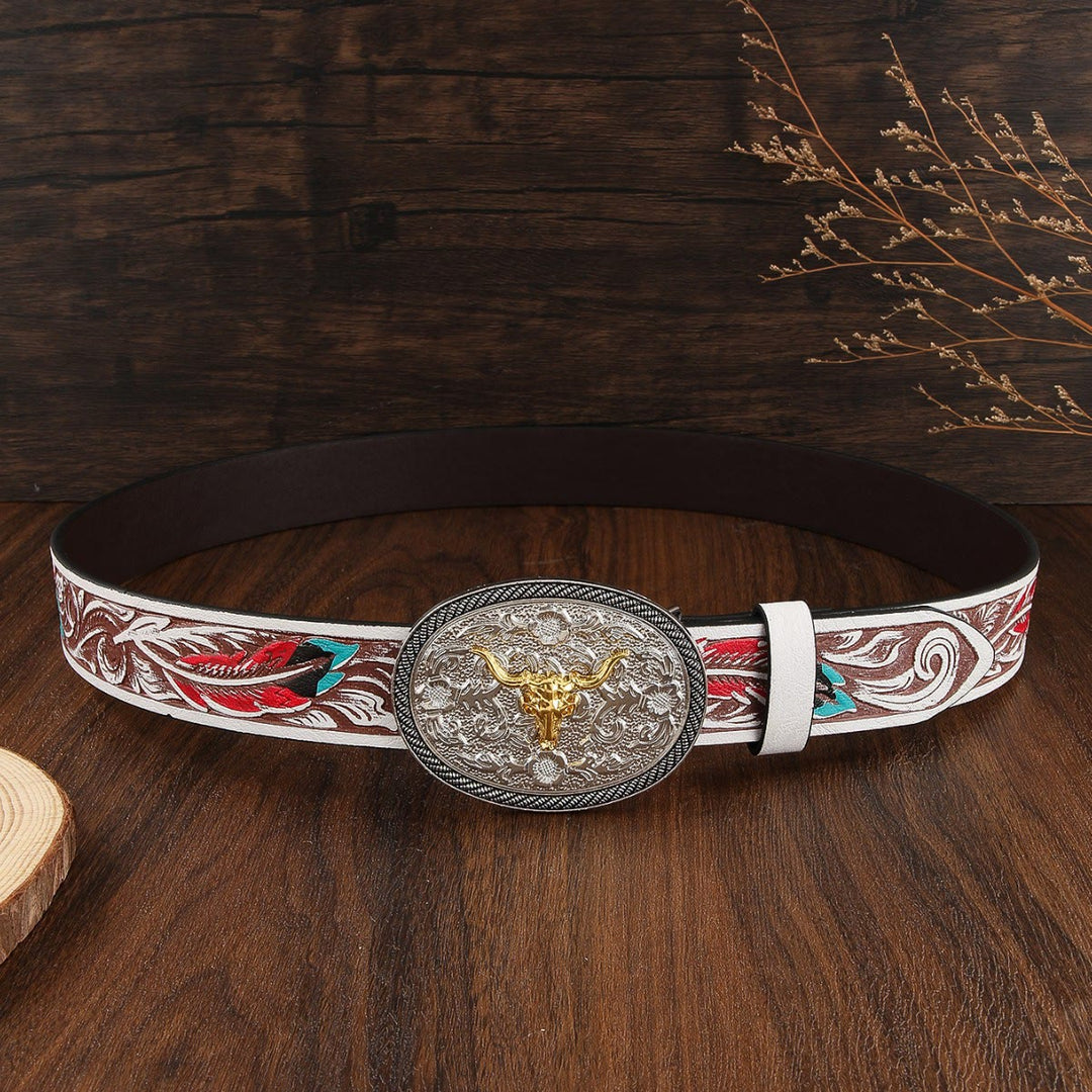 Ceinture en cuir pour homme, style western bicolore, avec emblème de tête de taureau - image 3