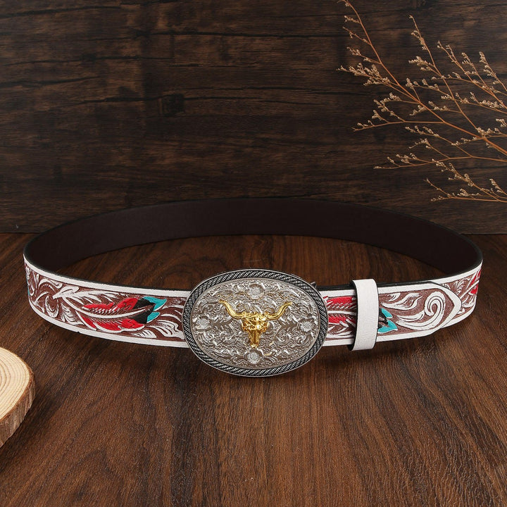 Ceinture en cuir pour homme, style western bicolore, avec emblème de tête de taureau - image 3