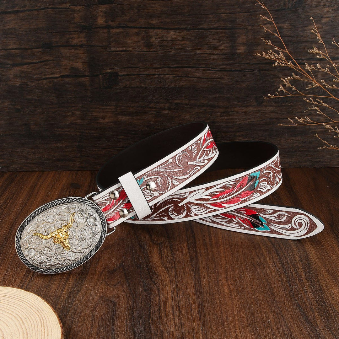 Ceinture en cuir pour homme, style western bicolore, avec emblème de tête de taureau - image 2