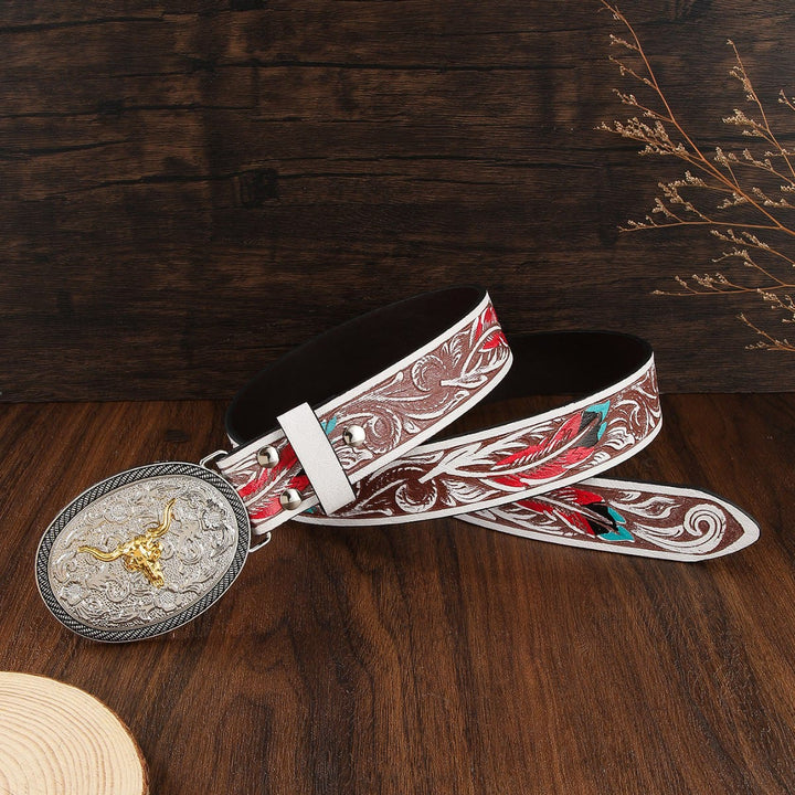 Ceinture en cuir pour homme, style western bicolore, avec emblème de tête de taureau - image 2