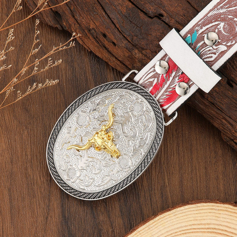 Ceinture en cuir pour homme, style western bicolore, avec emblème de tête de taureau - image 1