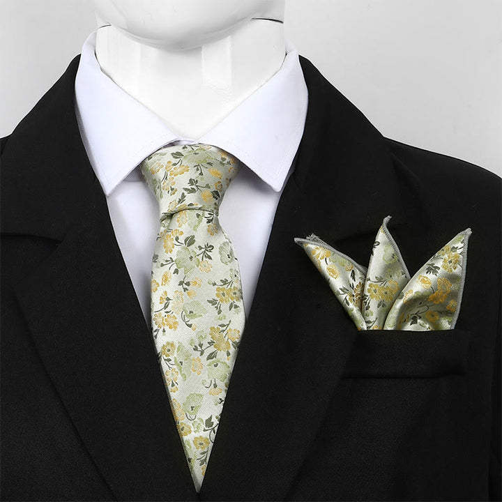 Ensemble cravate et pochette de costume pour homme, motif floral neutre en jacquard - Vert - image 6