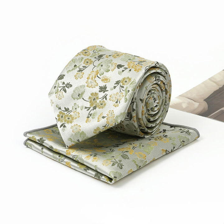 Ensemble cravate et pochette de costume pour homme, motif floral neutre en jacquard - image 7