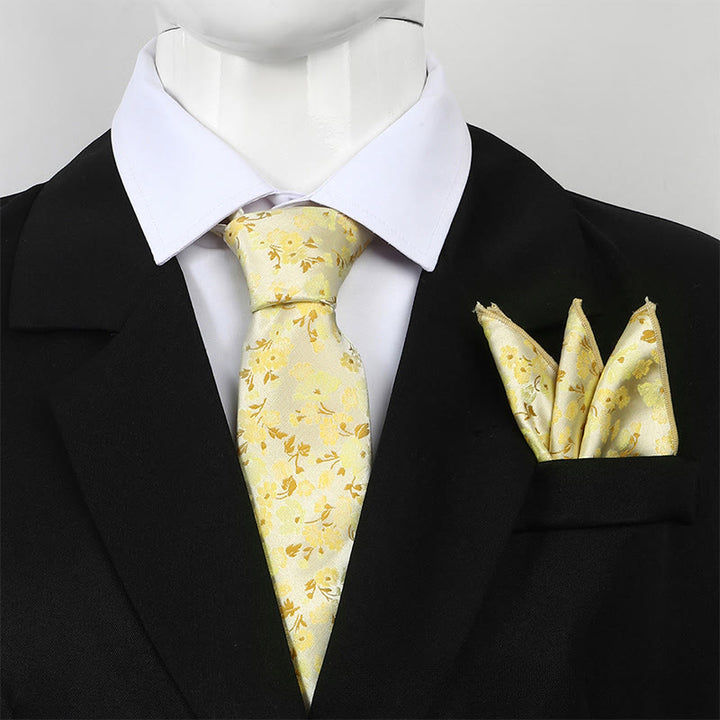 Ensemble cravate et pochette de costume pour homme, motif floral neutre en jacquard - Jaune - image 4
