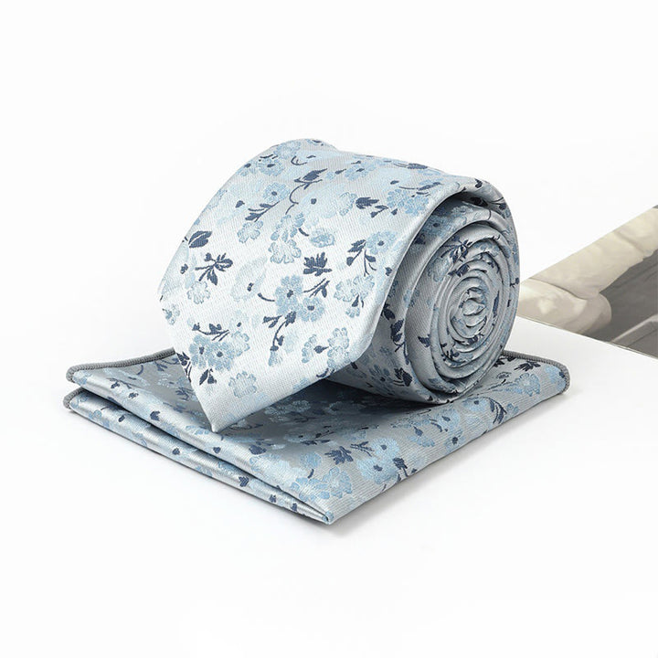 Ensemble cravate et pochette de costume pour homme, motif floral neutre en jacquard - image 1