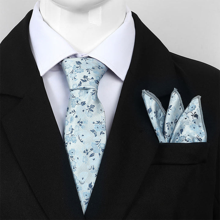 Ensemble cravate et pochette de costume pour homme, motif floral neutre en jacquard - Bleu clair - image 0