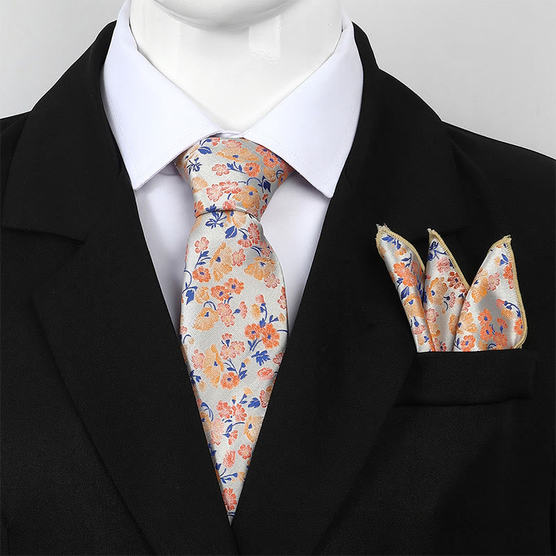 Ensemble cravate et pochette de costume pour homme, motif floral neutre en jacquard - Orange - image 2