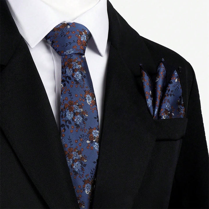 Ensemble cravate et pochette de costume vintage pour homme, en jacquard à motif floral. - Bleu - image 0