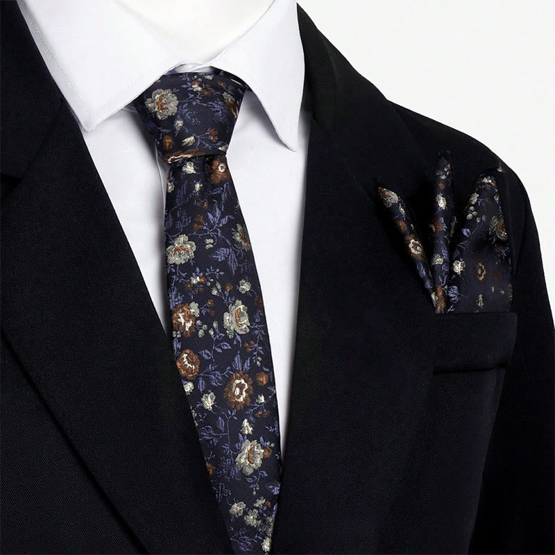 Ensemble cravate et pochette de costume vintage pour homme, en jacquard à motif floral. - Noir - image 3