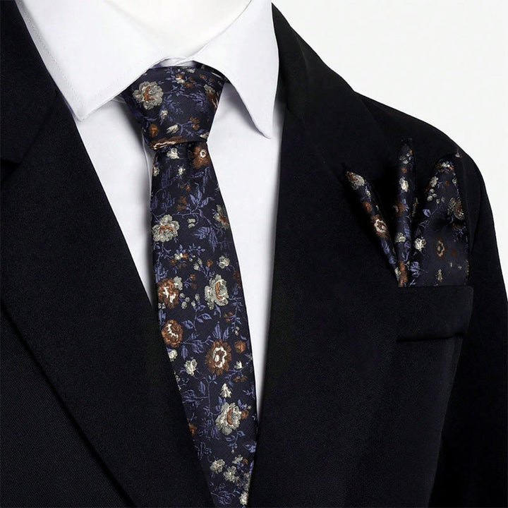Ensemble cravate et pochette de costume vintage pour homme, en jacquard à motif floral. - Noir - image 3