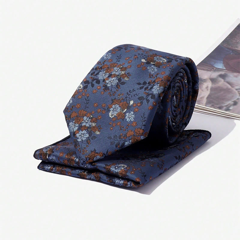 Ensemble cravate et pochette de costume vintage pour homme, en jacquard à motif floral. - image 2