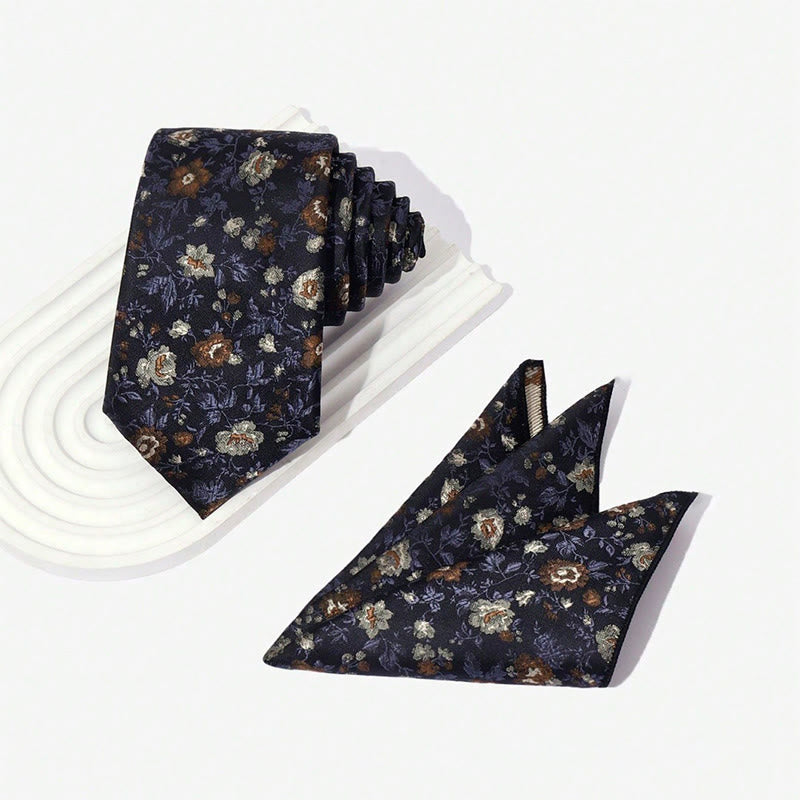 Ensemble cravate et pochette de costume vintage pour homme, en jacquard à motif floral. - image 4