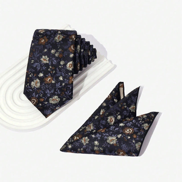 Ensemble cravate et pochette de costume vintage pour homme, en jacquard à motif floral. - image 4