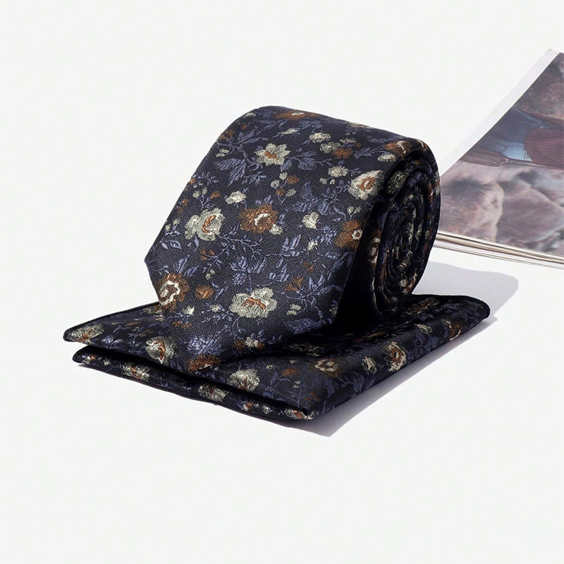 Ensemble cravate et pochette de costume vintage pour homme, en jacquard à motif floral. - image 5