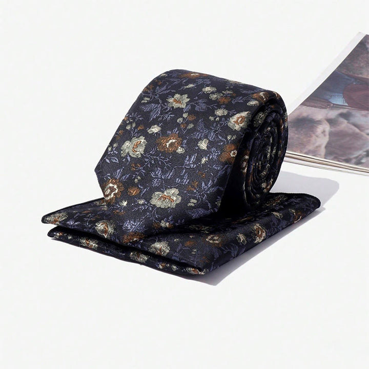 Ensemble cravate et pochette de costume vintage pour homme, en jacquard à motif floral. - image 5