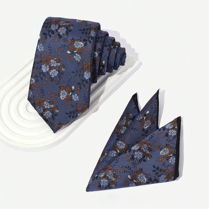 Ensemble cravate et pochette de costume vintage pour homme, en jacquard à motif floral. - image 1
