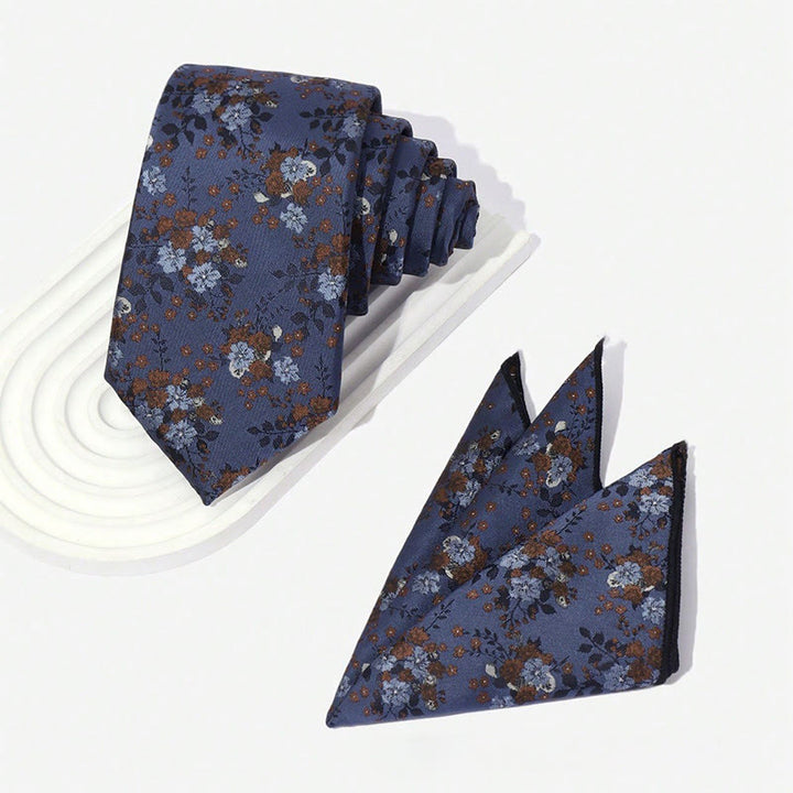 Ensemble cravate et pochette de costume vintage pour homme, en jacquard à motif floral. - image 1