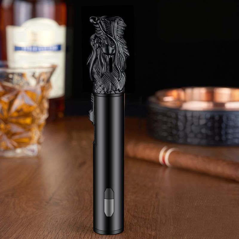 Briquet à butane à flamme droite avec motif tête de dragon - Noir - image 3
