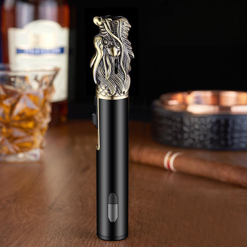 Briquet à butane à flamme droite avec motif tête de dragon - Bronze - image 4