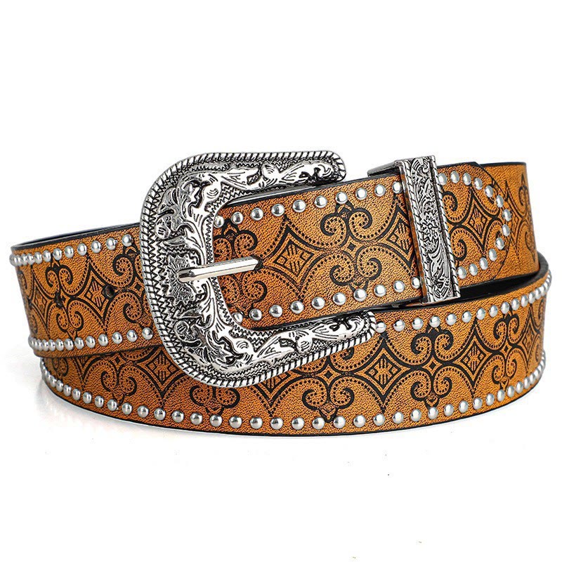 Ceinture en cuir à boucle décorative de style western - Kaki - 36 - image 1