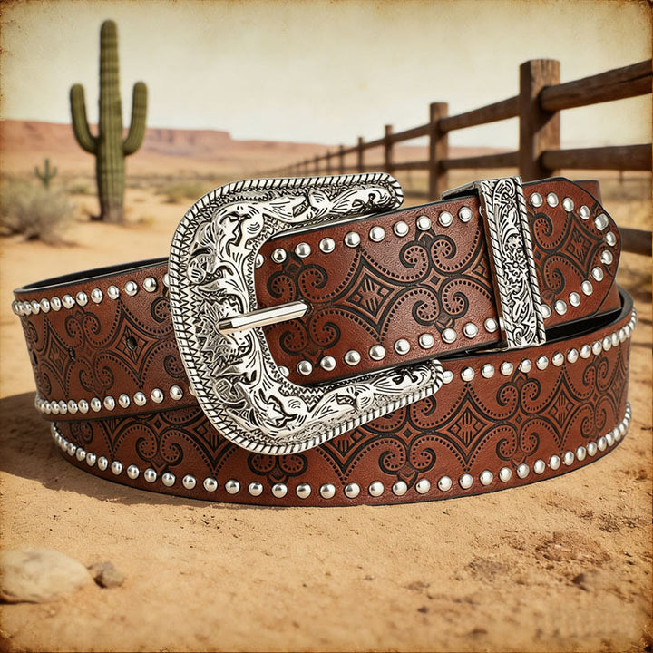 Ceinture en cuir à boucle décorative de style western - Brun - 36 - image 0