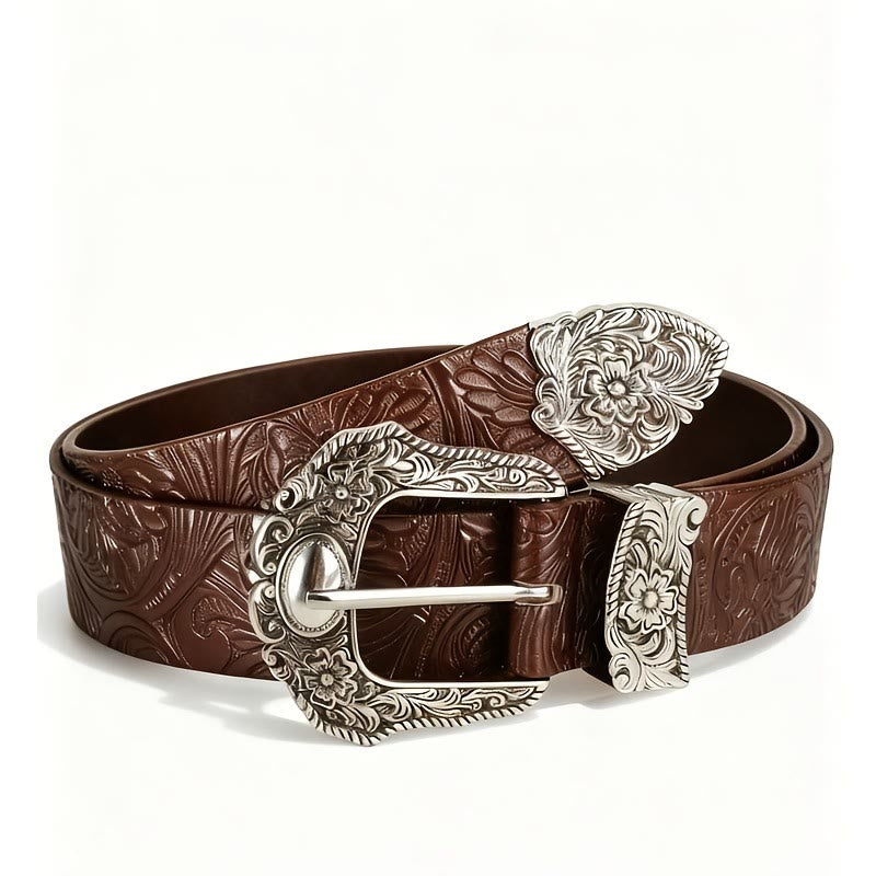 Ceinture en cuir à boucle décorative en relief floral - Café - 46 - image 0