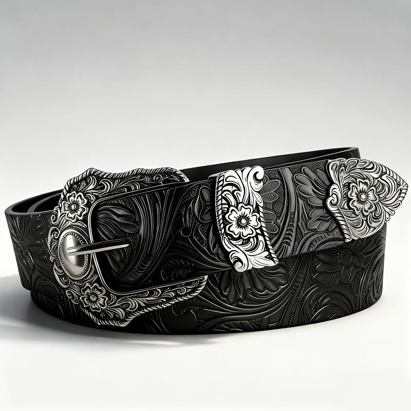 Ceinture en cuir à boucle décorative en relief floral - Noir - 46 - image 1