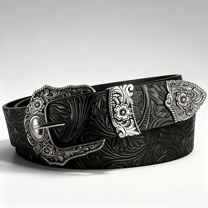 Ceinture en cuir à boucle décorative en relief floral - Noir - 46 - image 1