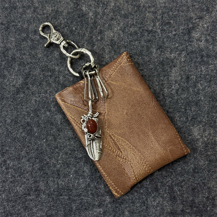 Portefeuille vintage en cuir avec pendentif chaîne et porte-cartes - Brun - image 2