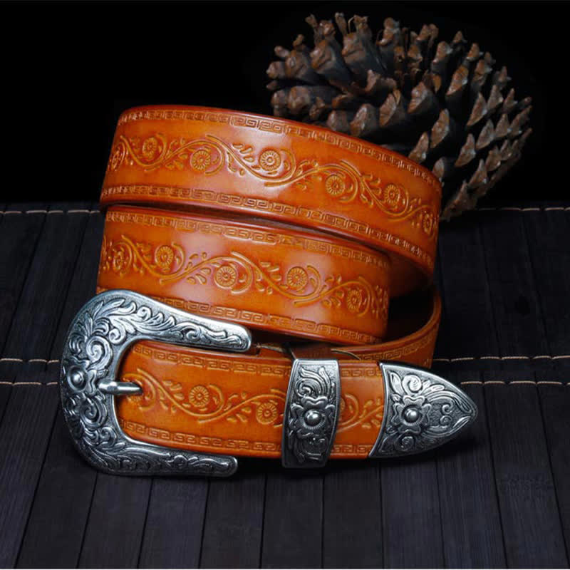 Ceinture unisexe en cuir à imprimé floral et texture rustique