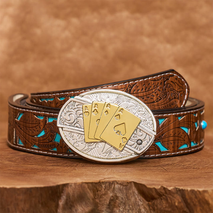 Ceinture en cuir pour homme avec boucle dissimulant un couteau pliant de poker doré et argenté (à monter soi-même). - Longhorn - Ceinture turquoise sculptée - 42 - image 5