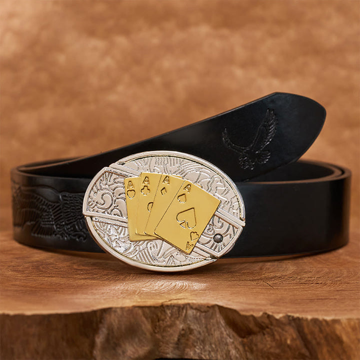 Ceinture en cuir pour homme avec boucle dissimulant un couteau pliant de poker doré et argenté (à monter soi-même). - Longhorn - Ceinture noire à motif aigle en relief - 42 - image 4