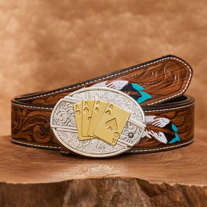 Ceinture en cuir pour homme avec boucle dissimulant un couteau pliant de poker doré et argenté (à monter soi-même). - Longhorn - Ceinture de plumes brunes - 40 - image 8