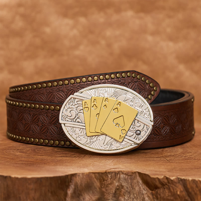 Ceinture en cuir pour homme avec boucle dissimulant un couteau pliant de poker doré et argenté (à monter soi-même). - Longhorn - Ceinture à rivets marron - 42 - image 6