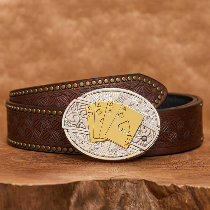 Ceinture en cuir pour homme avec boucle dissimulant un couteau pliant de poker doré et argenté (à monter soi-même). - Longhorn - Ceinture à rivets marron - 42 - image 6